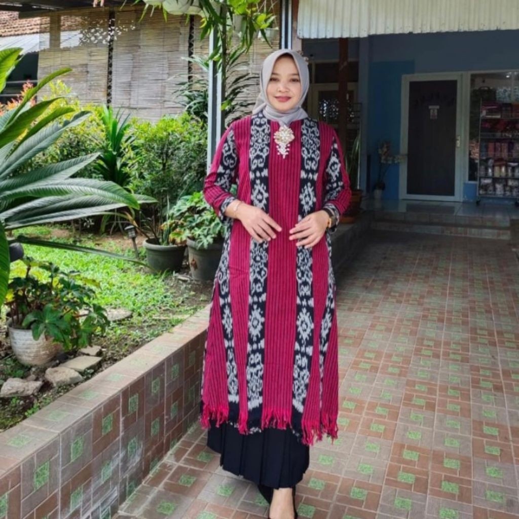 DRESS TUNIK TENUN, BAJU ATASAN TENUN WANITA MUSLIMAH LENGAN PANJANG