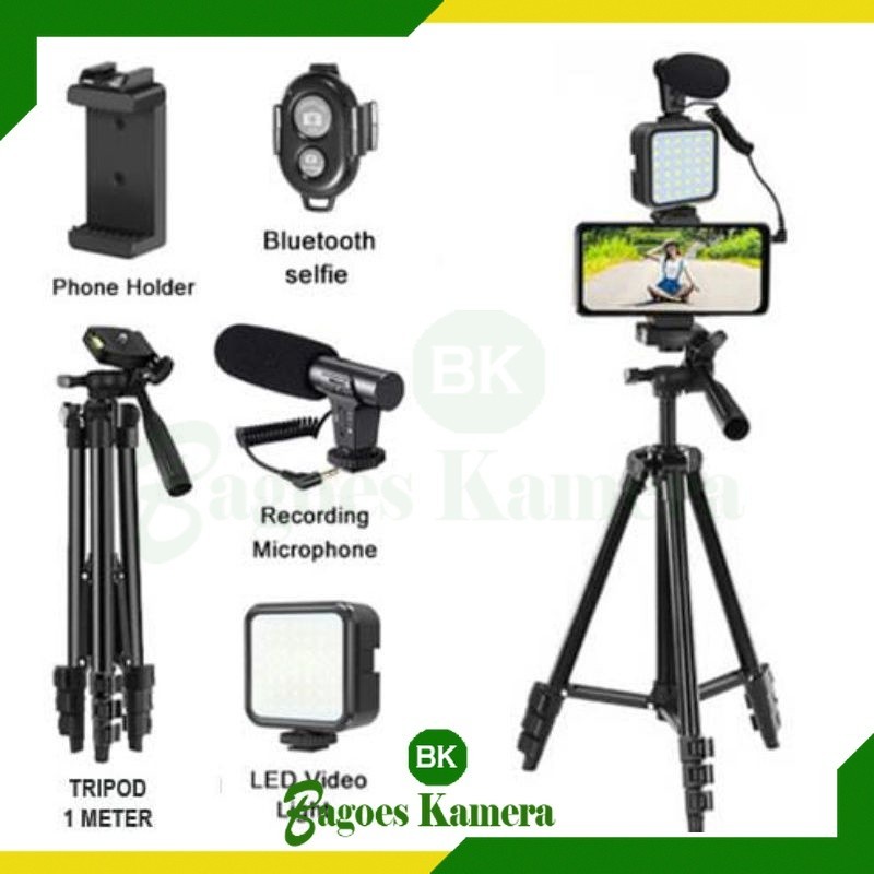 [BK] vlog LED Paket Vlog Lengkap dengan Tripod Fleksibel, Lampu LED, dan Mikrofon Shotgun LED lampu 