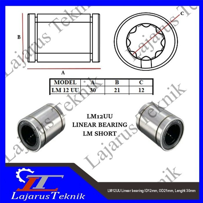 LM 12UU Linear bearing ID12mm, OD21mm, Lenght 30mm