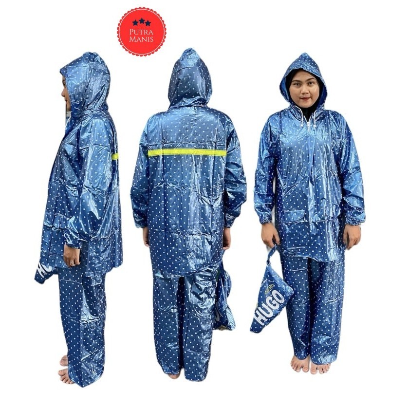 Jas Hujan Premium Setelan Jaket Celana Spartan Hugo ORI ORIGINAL  Polka Polkadot Tebal 0.18mm PVC Le