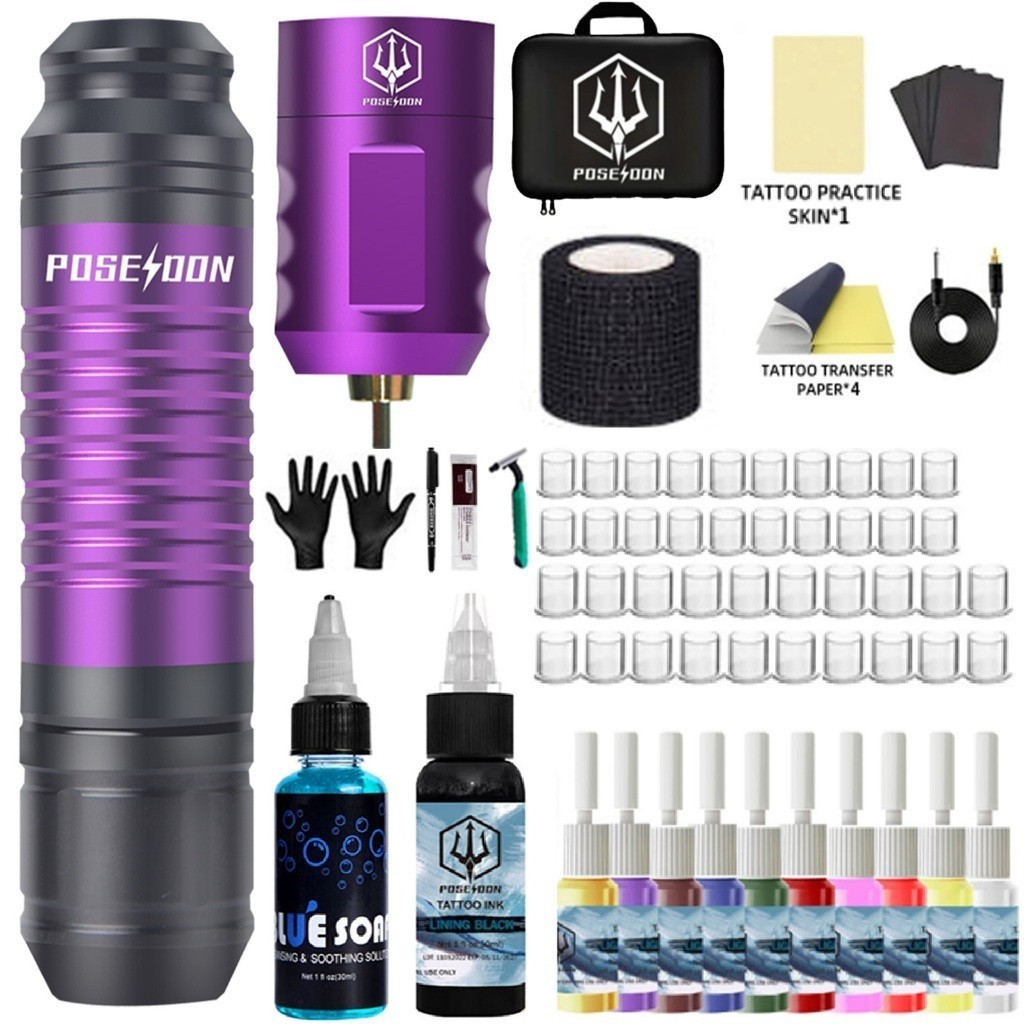Kit Pena Tato POSEIDON-Pena Tato untuk Pemula, Kit Mesin Tato dengan Kekuatan Tato Nirkabel dan Perl