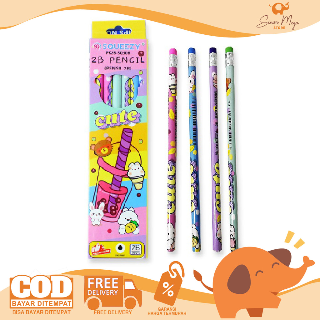 

SQUEEZY Pencil + Eraser 2B Cute PK2B-SQ308 Pensil LUSINAN / Isi 12 Pcs