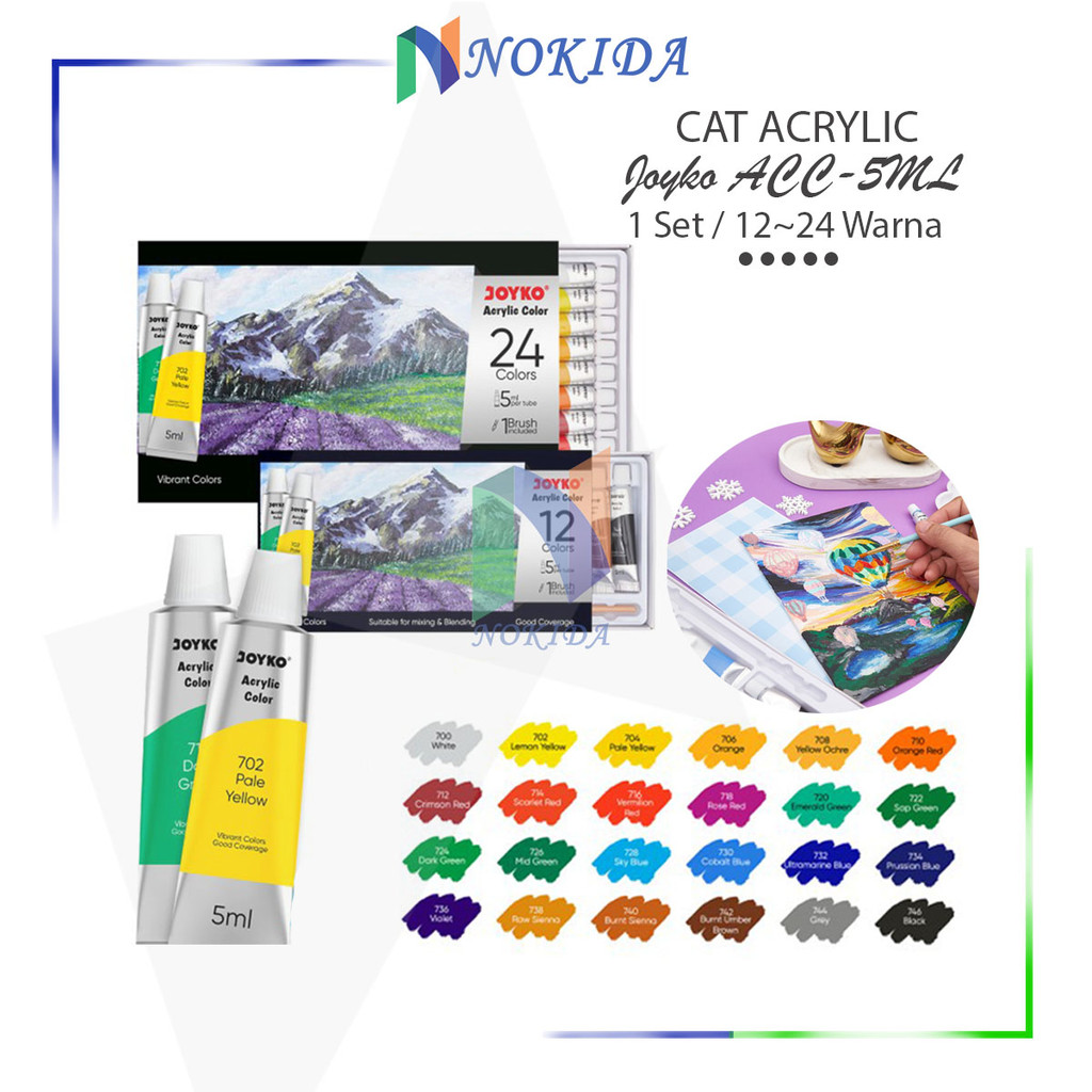 

Nokida Cat Akrilik Joyko [ACC-5-24/12 Warna] / Cat Melukis / Cat Kuas 5ml / Peralatan Menggambar / Acrylic Paint Colors