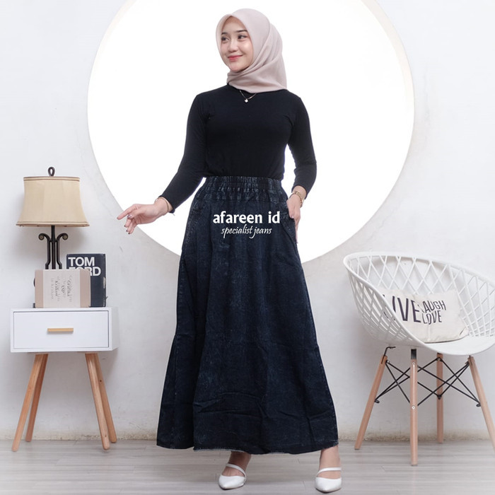 ✨TERLARIS✨ -Rok Jeans Panjang Line A Wanita Rok Panjang Span Payung Jumbo - Snow Black, Standar