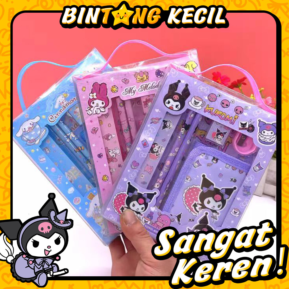 

Lucu Hadiah Anak-Anak Ulang Tahun Sanrio Set Alat Tulis Kartun Set 6 bagian Pensil penggaris lurus penghapus rautan pensil Dompet anak-anak
