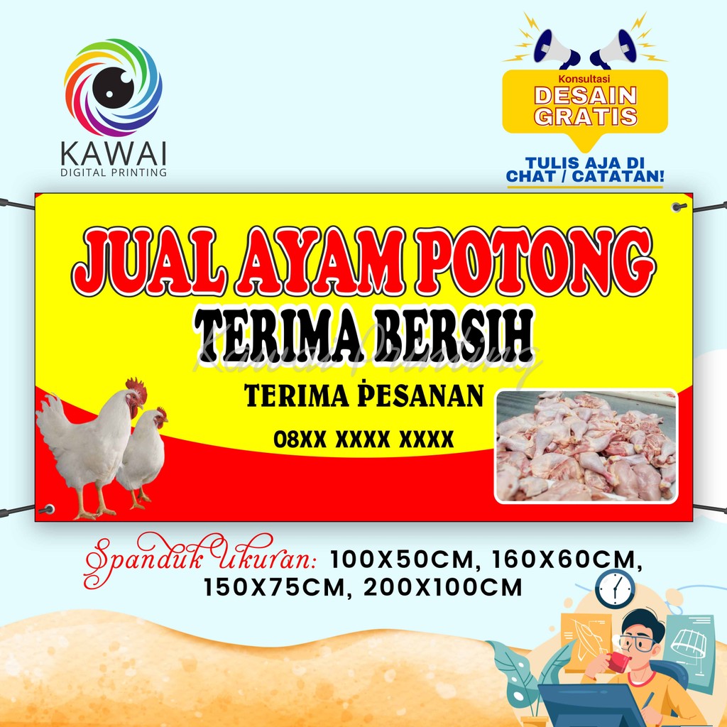 SPANDUK / BANNER Jual Ayam Potong Merah Kuning Free Desain