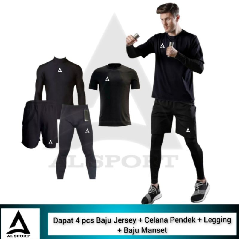 4 IN 1 Stelan Olahraga Pria Baju Jersey Celana Pendek Legging Sport Futsal Lari