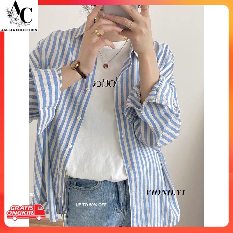 Kemeja Korea / Kemeja Salur Wanita / Kemeja Korea Lengan Panjang / Kemeja Wanita Import 112