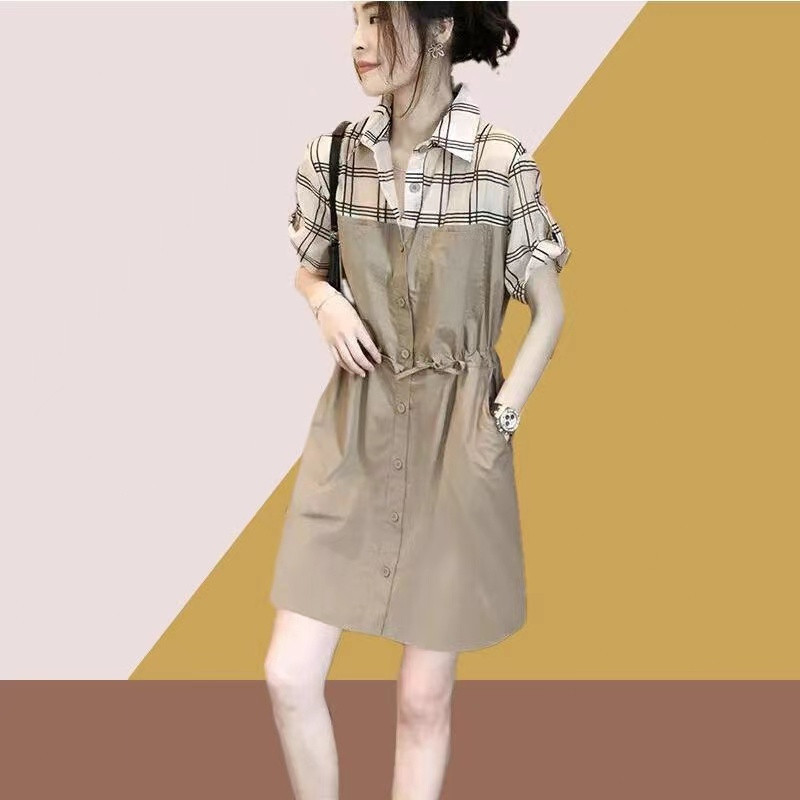 FAN Gaun Kemeja Kasual Temperamen Gaun kemeja Gaun Lengan Pendek Kotak-kotak