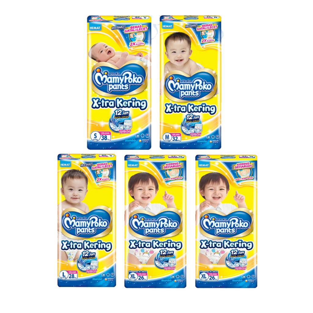 Mamypoko Pants X-tra Kering Extra S38 M32 L28 XL26 Baby Popok Celana Sekali Pakai