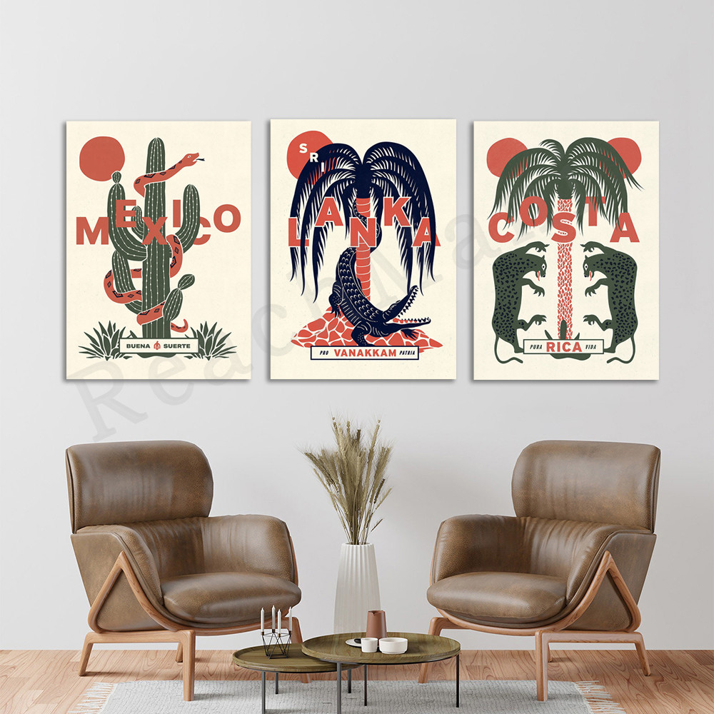 

Costa Rica, Mexico, Sri Lanka travel poster, art print decorative print, folk art