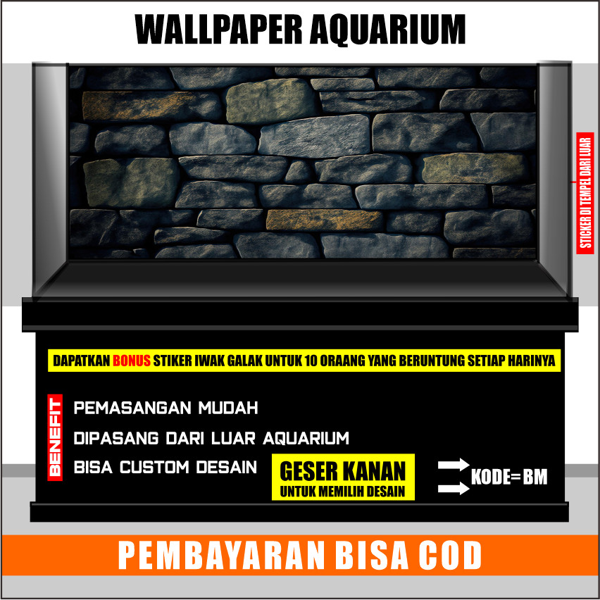 stiker background aquarium 3d timbul custome jumbo kaca akrilik besar full set rock batu bm