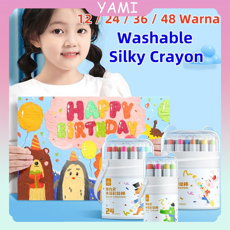 

【READY】Washable Silky Crayon 12 / 24 / 36 / 48 Warna Colorful Bucket Krayon Mewarnai Alat Warna Set Anak Wipe and Clean
