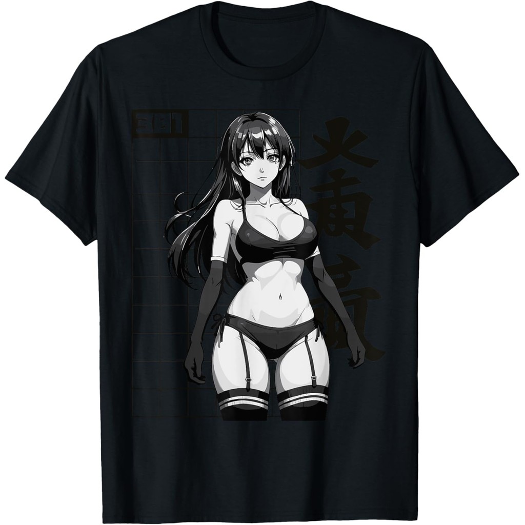 Sexy Waifu Otaku Anime Girl Japanese in Black and White Art T-Shirt COD
