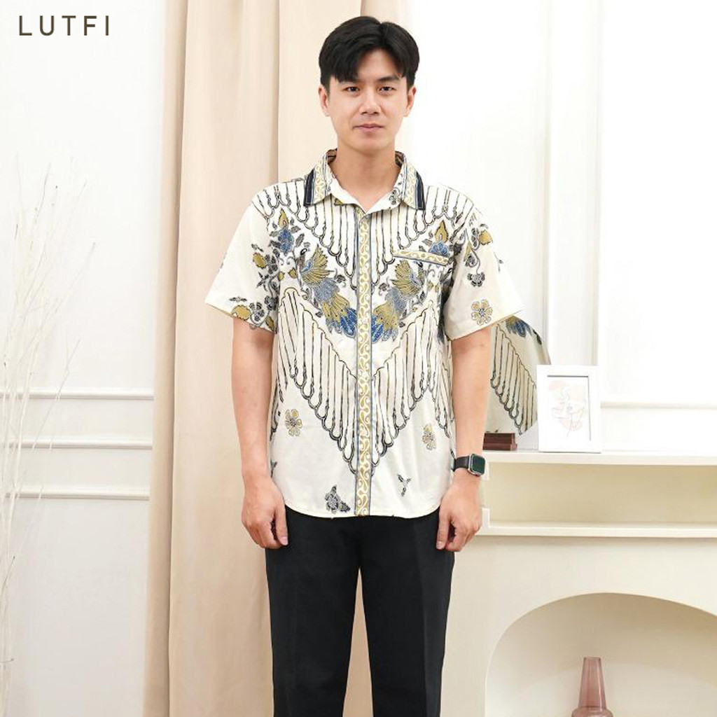 Evercloth Lutfi Kemeja Batik Pria Lengan Pendek Seragam Couple Hem Sarimbit Katun Stretch Cream Nude