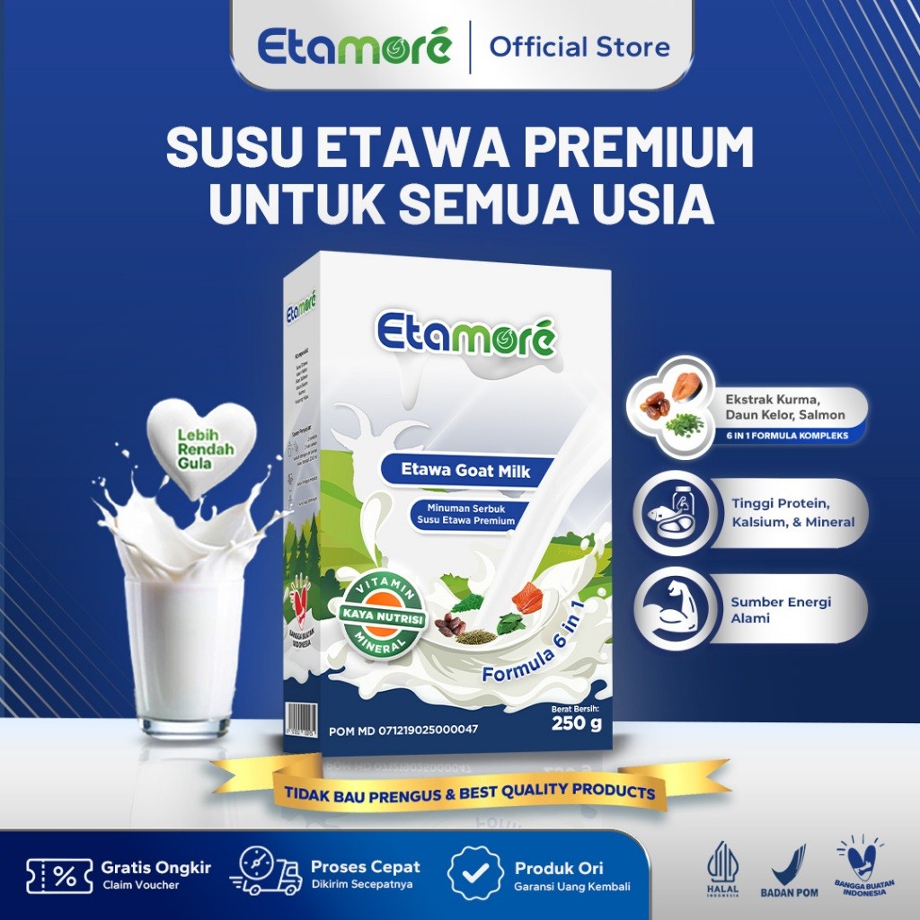 

Etamore Susu Kambing Etawa Premium - Etawa Goat Milk Alami Mengandung Daun Kelor Salmon Kurma Rendah Gula Mengatasi Asam Urat Nyeri Sendi Pegal Linu dan Pernafasan