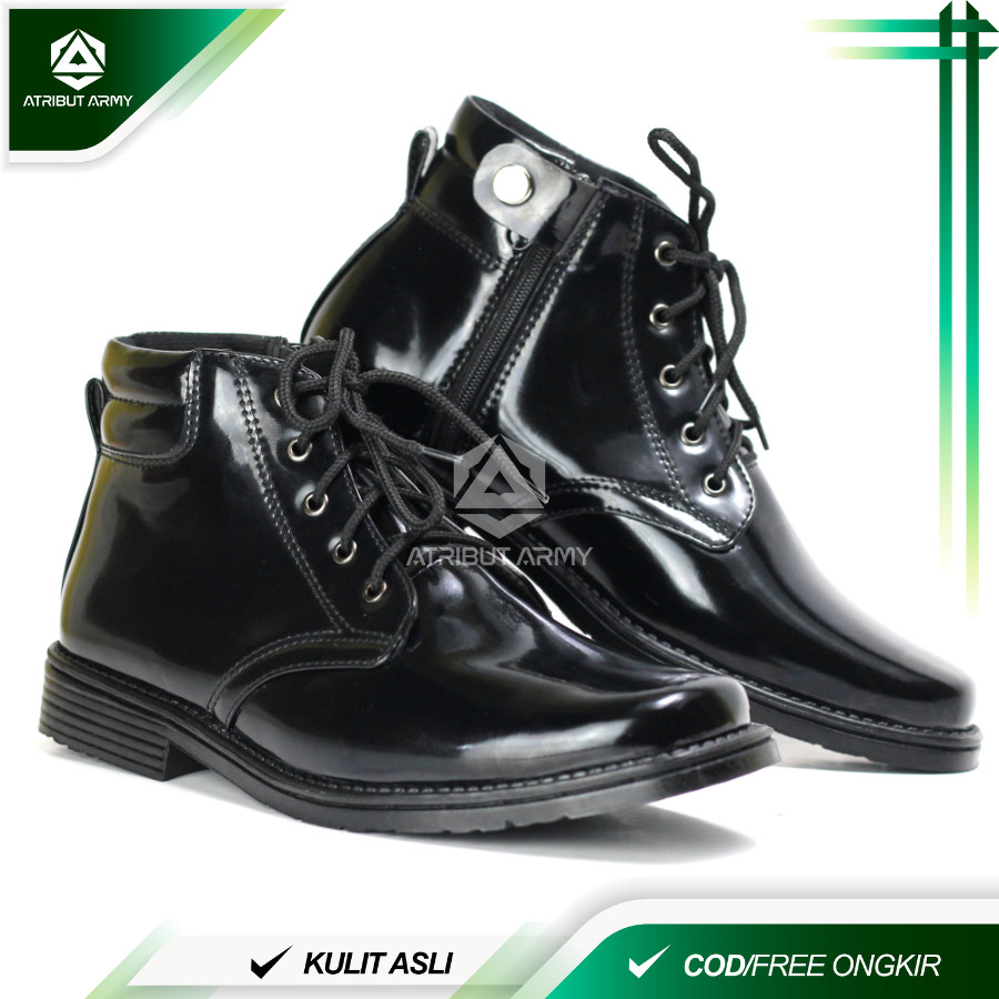 B9 Sepatu PDH 04 Polri Polisi Kulit Asli Sepatu Kerja Dinas Kulit Hitam Kilap Tali Resliting Pria Sa