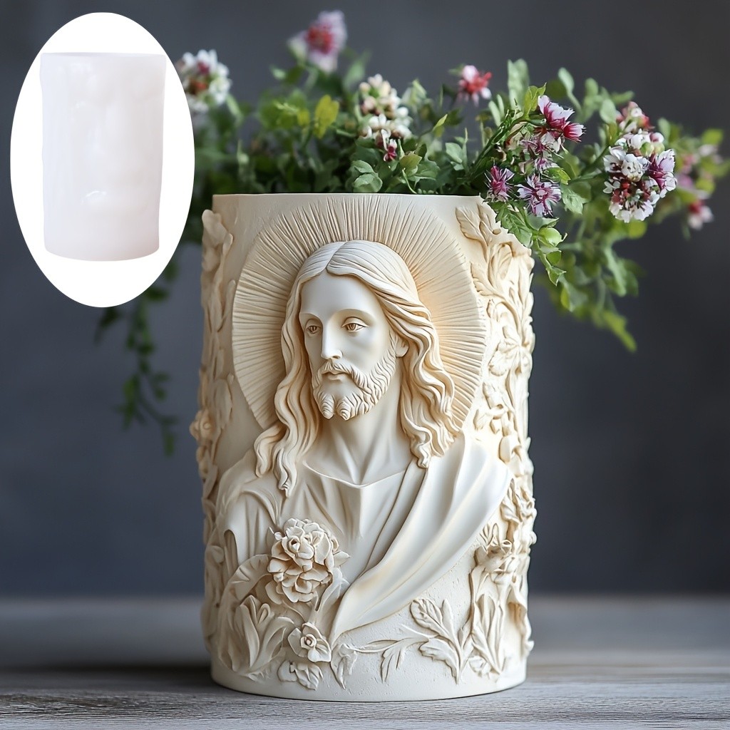 

Jesus relief circular flower vase resin silicone mold Jesus statue relief pen holder storage box gypsum mold Jesus Plaster molds