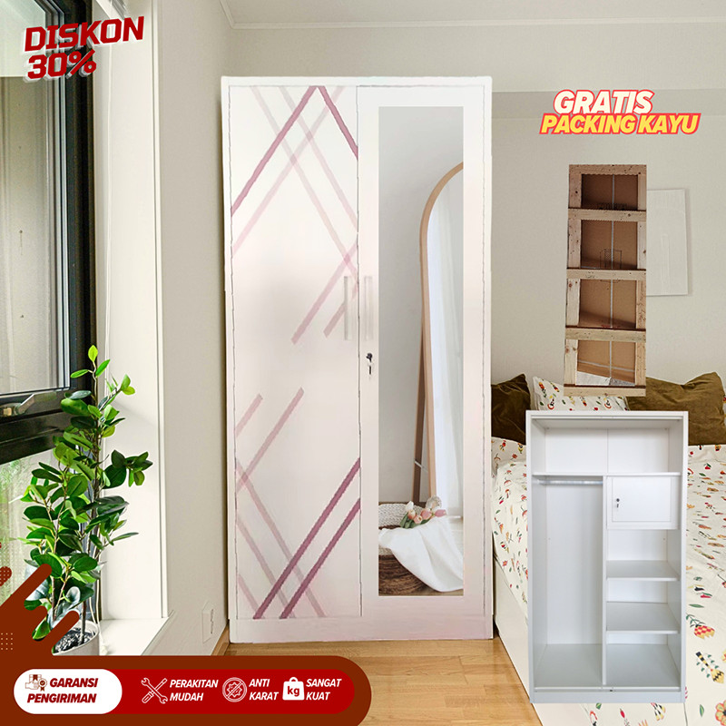 JOLLY FURNIUTRE-Lemari Pakaian Besi Lemari Pakaian Pintu ganda 85cm 2 pintu1 Hanger Cermin Minimalis