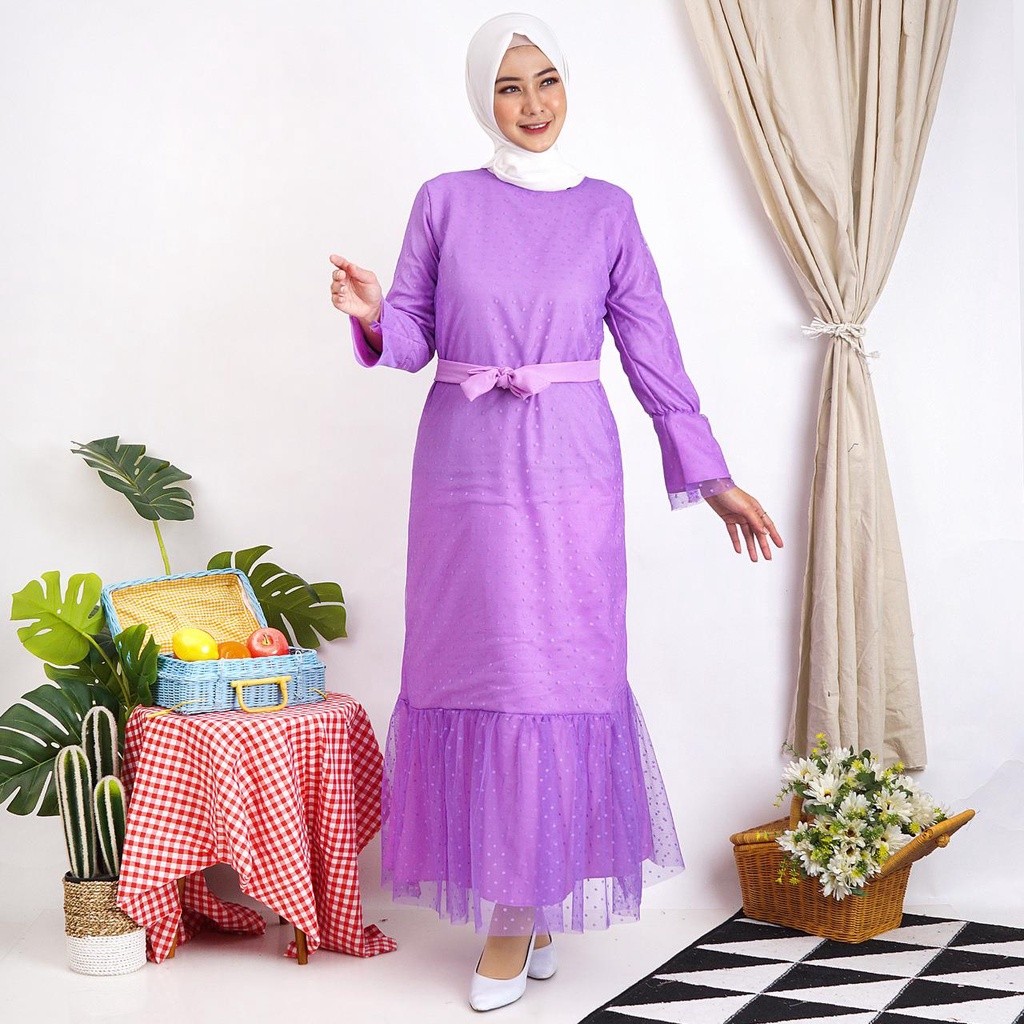 Gamis Helwa Tile Polkadot Maxi Dres Lebaran Long Dress Busana Muslim Murah