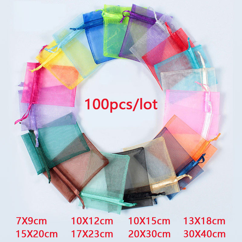 

100Pcs/lot 7x9 9x12 10x15 13x18CM Organza Bags Jewelry Bag Wedding Party Decoration Drawable Bags Gift Pouches Jewelry Packaging