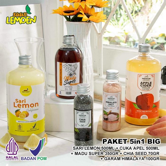 

Hot Produk SUUR LEMOEN Paket 5 in 1 BIG Cuka Apel Sari Lemon Madu Hutan Chia Seeds Garam Himalaya Terbaik dan Terlaris