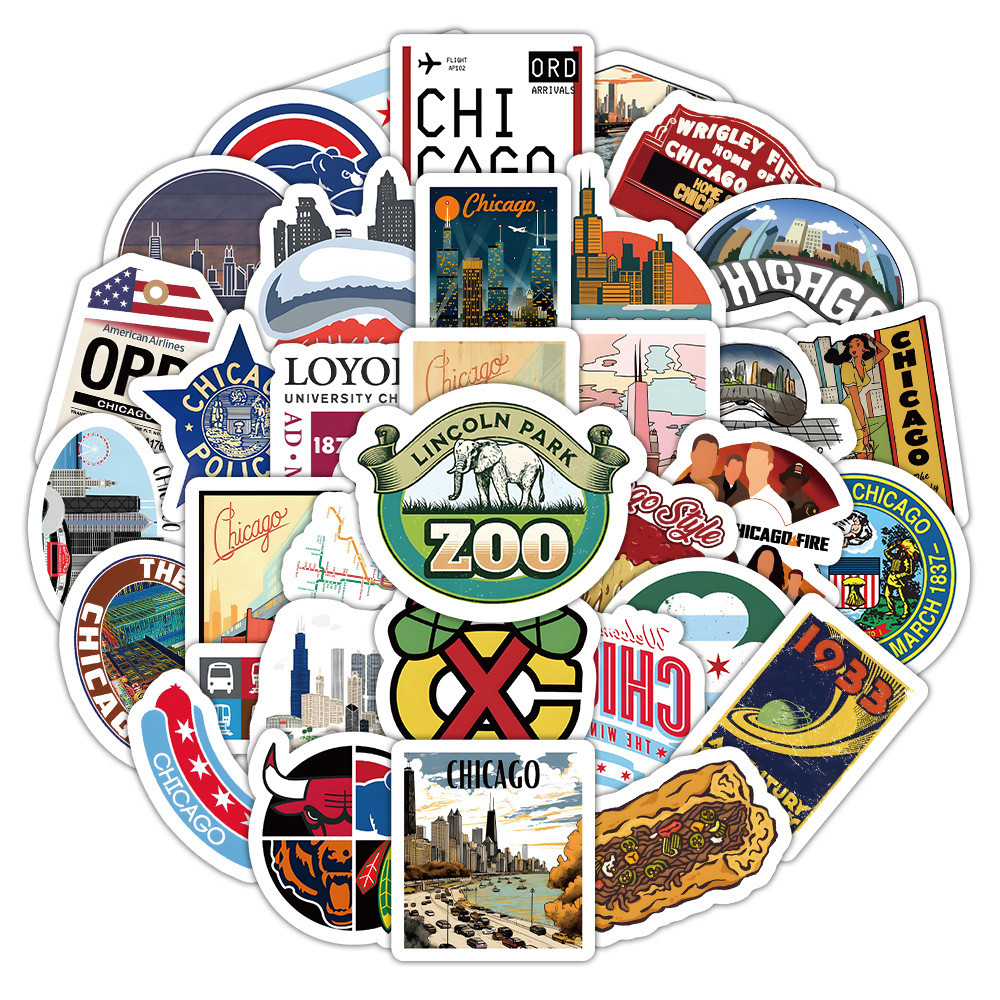 

10/52PCS Chicago Graffiti Stickers Retro Style City Sticker Travel Scenery Cartoon Toy Luggage Laptop Guitar Car Bike Skateboard