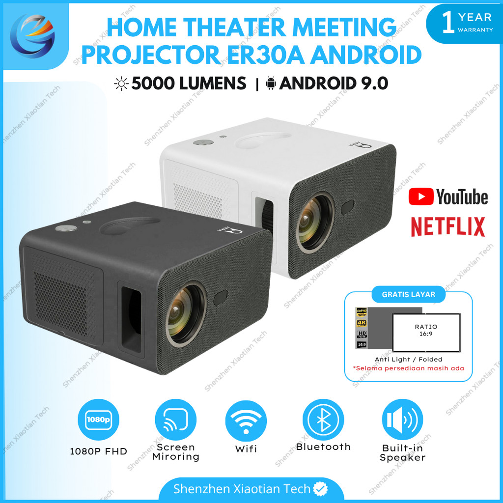 Smart Proyektor MIni ER30A | Projector Mini Android 9 5000 Lumens | Proyektor 4K Bluetooth Sambung H