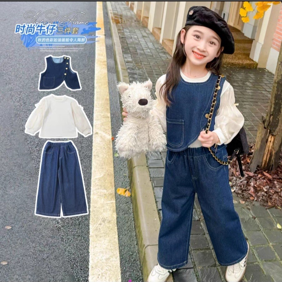 ALPI.YAH [KIDSFO-3] Setelan One Set 3in1 Fashion Anak Perempuan Blouse Rompi Celana Jeans Kulot