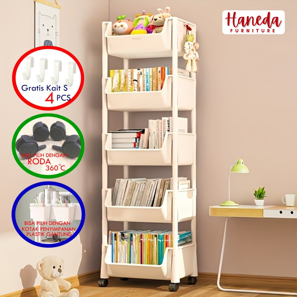 

HANEDA DEEP 5 Susun Rak Plastik Serbaguna Rak JUMBO Rak troli Roda Rak Buku Rak dapur Rak Toilet