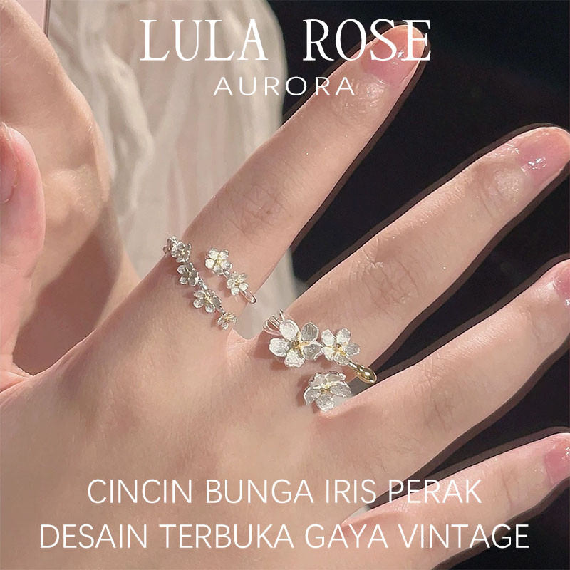 LULA ROSE Cincin Bunga Iris Vintage Perak | Cincin Model Bunga Gaya Terbuka Adjustable