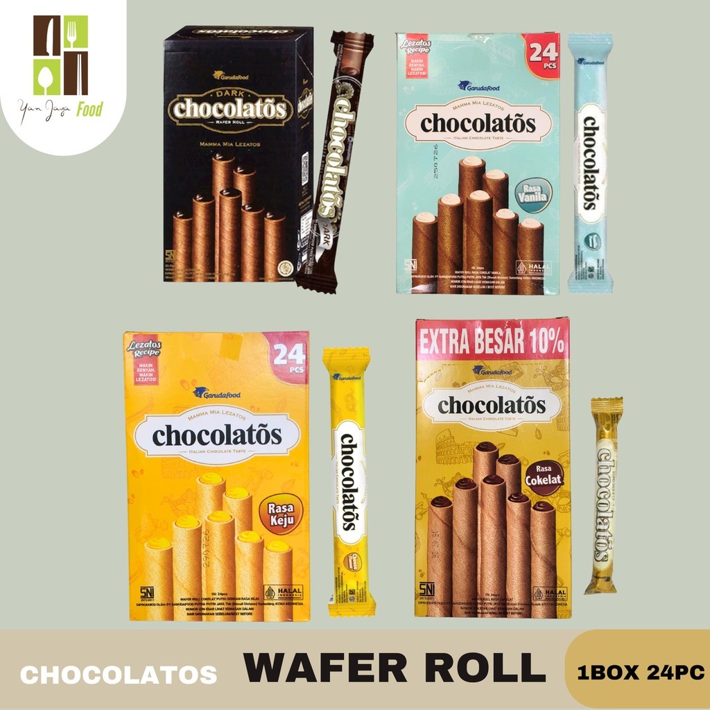 

Chocolatos Wafer Roll Stik Kemasan Besar / 1BOX/24PC Chocolatos Rasa Keju / Vanilla / Chocolate Flavour / Dark Coklat