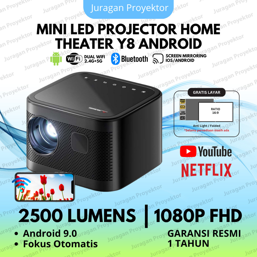 Proyektor Mini LED Y8 Android 9.0 Wifi 2500 Lumens | Proyektor Mini Portable | Proyektor Mini Androi