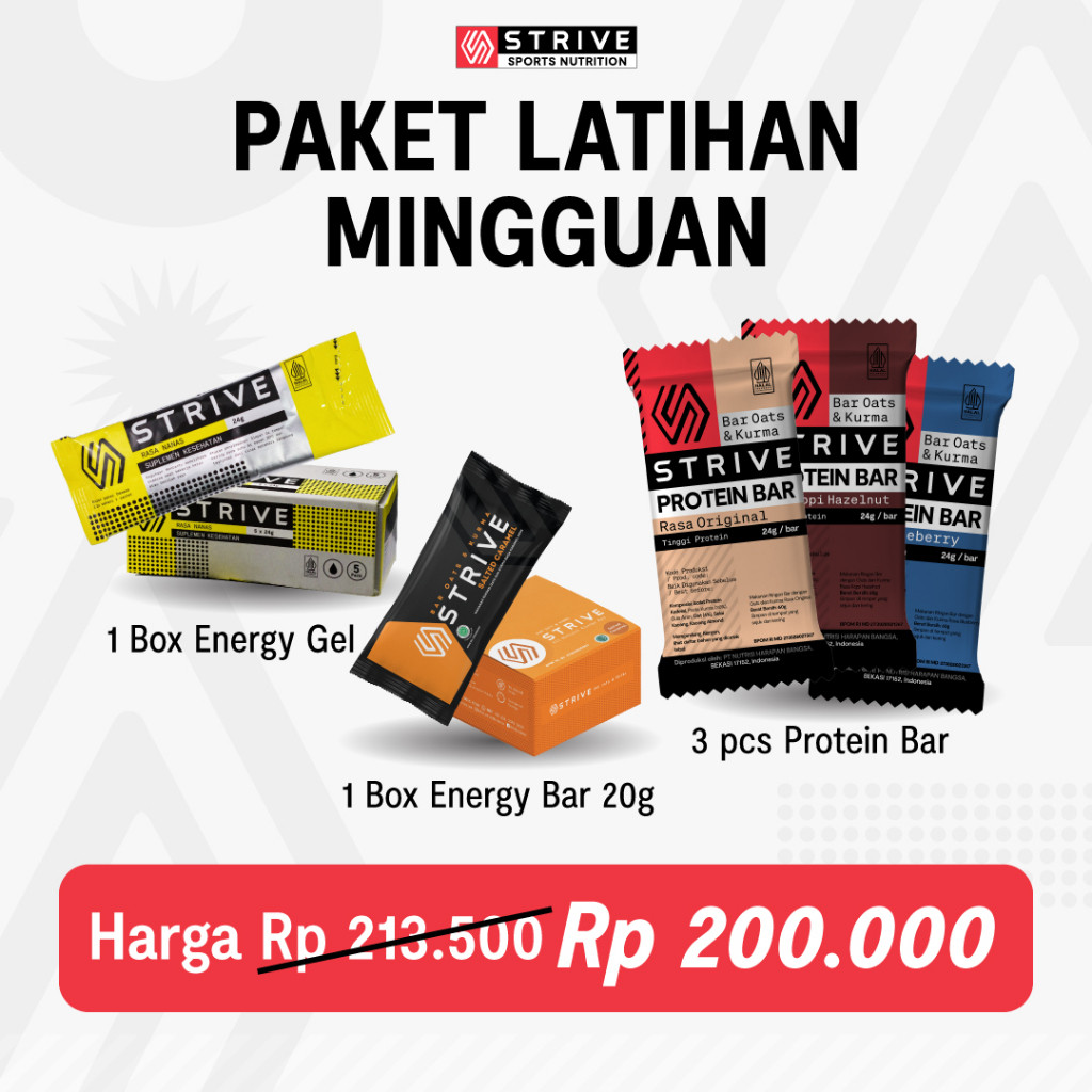 

STRIVE - Paket Latihan Mingguan #2 (Energy Gel + Energy Bar Bite Size + Protein Bar)
