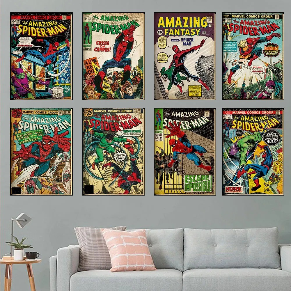 

Vintage Comics Superhero Marvel Spiderman Posters and Prints Canvas Painting Wall Art Decoration Pictures for Boy Bedroom Decor
