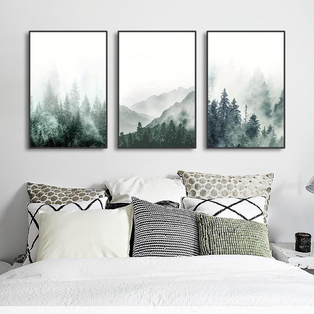 

3PCS Frameless Misty Forest Trees Poster Mountain Landscape Canvas Painting Modern Wall Art Decor Nordic Picture Bedroom Home
