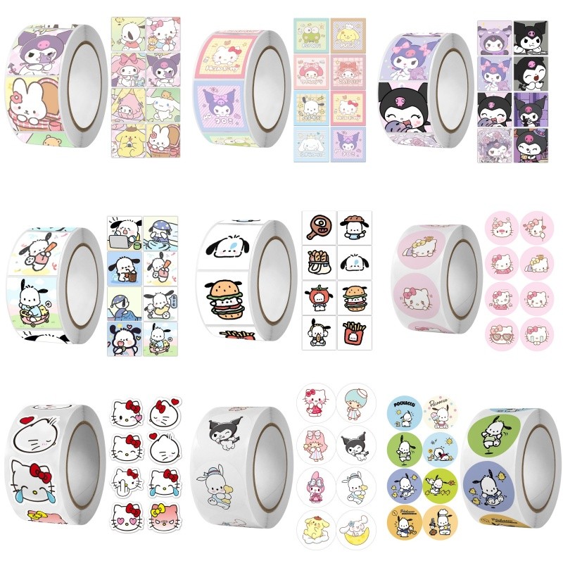

500Pcs/roll Sanrio Sticker Kawaii Kuromi Hello Kitty P Cinnamoroll Cartoon Kids Reward Stickers Gift Decoration Decals Toys