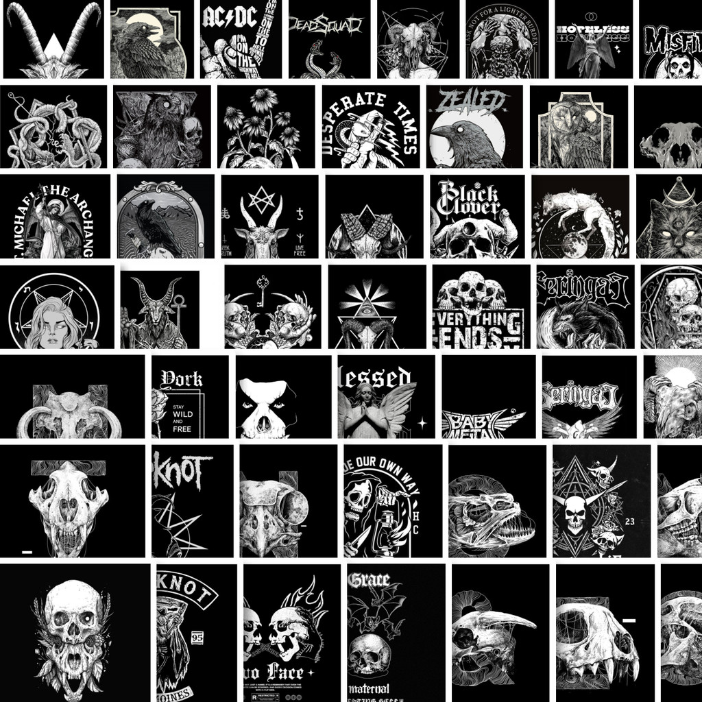 

Stiker Cutting Pack Stiker Black And White Metal TShirt Design Mix [Desain Kaos Metal Hitam Putih] Isi 100Pcs Series Aesthetic Lucu Keren Untuk Koper Bahan Vynil
