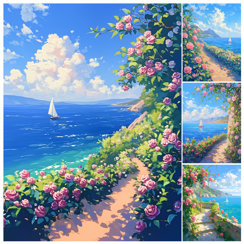 

Painting By Numbers Hand Seaside Flowers Road Scenery Adult Kit DIY Acrylic Paint Canva Artwork Canva Art Gift Home Decorate