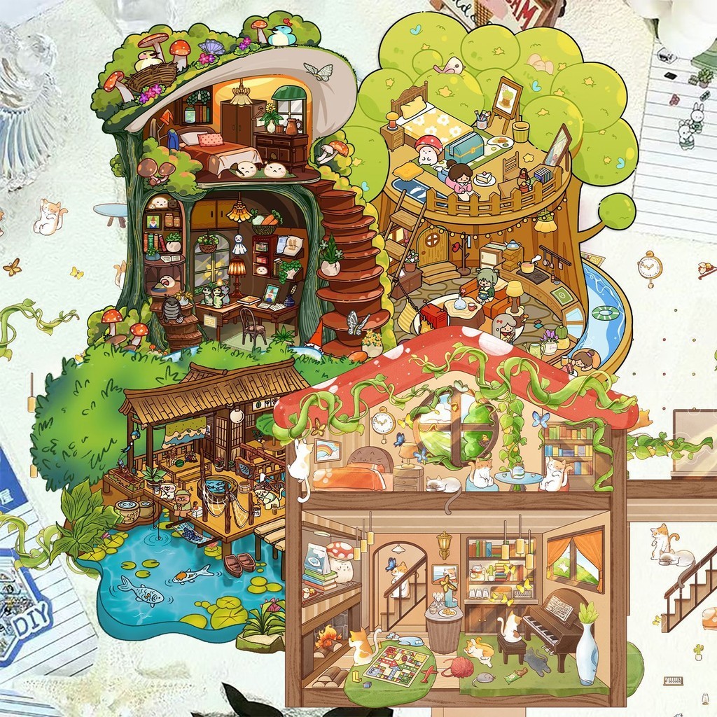 

Cartoon Scenery Stickers - Cat Hut Scene 3D Stereo Hut, Stress-Relieving DIY Decor for Hand Account（ Anime Worlds Store）