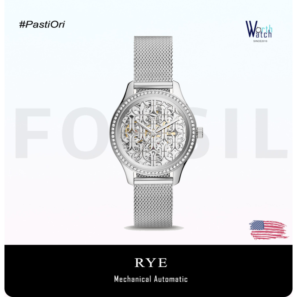 Jam Tangan Wanita Otomatis Elegan Rye Automatic Skeleton Dial Silver Stainless Steel Mesh Strap Orig