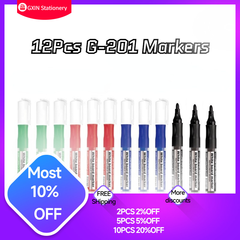 

GXIN G201 12Pcs Erasable Whiteboard Refilled Pens Dry Eraser Marker For Offices Stationery Meeting School Use for Classroom
