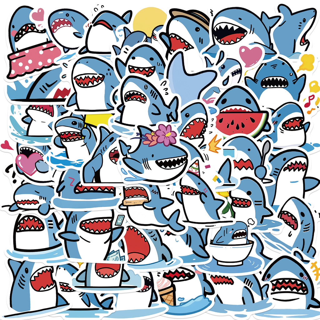 

50PCS Cute Blue Obesity Shark Stickers Animals Graffiti Decals for Kids DIY Skateboard Guitar Laptop Luggage Sticker Toys