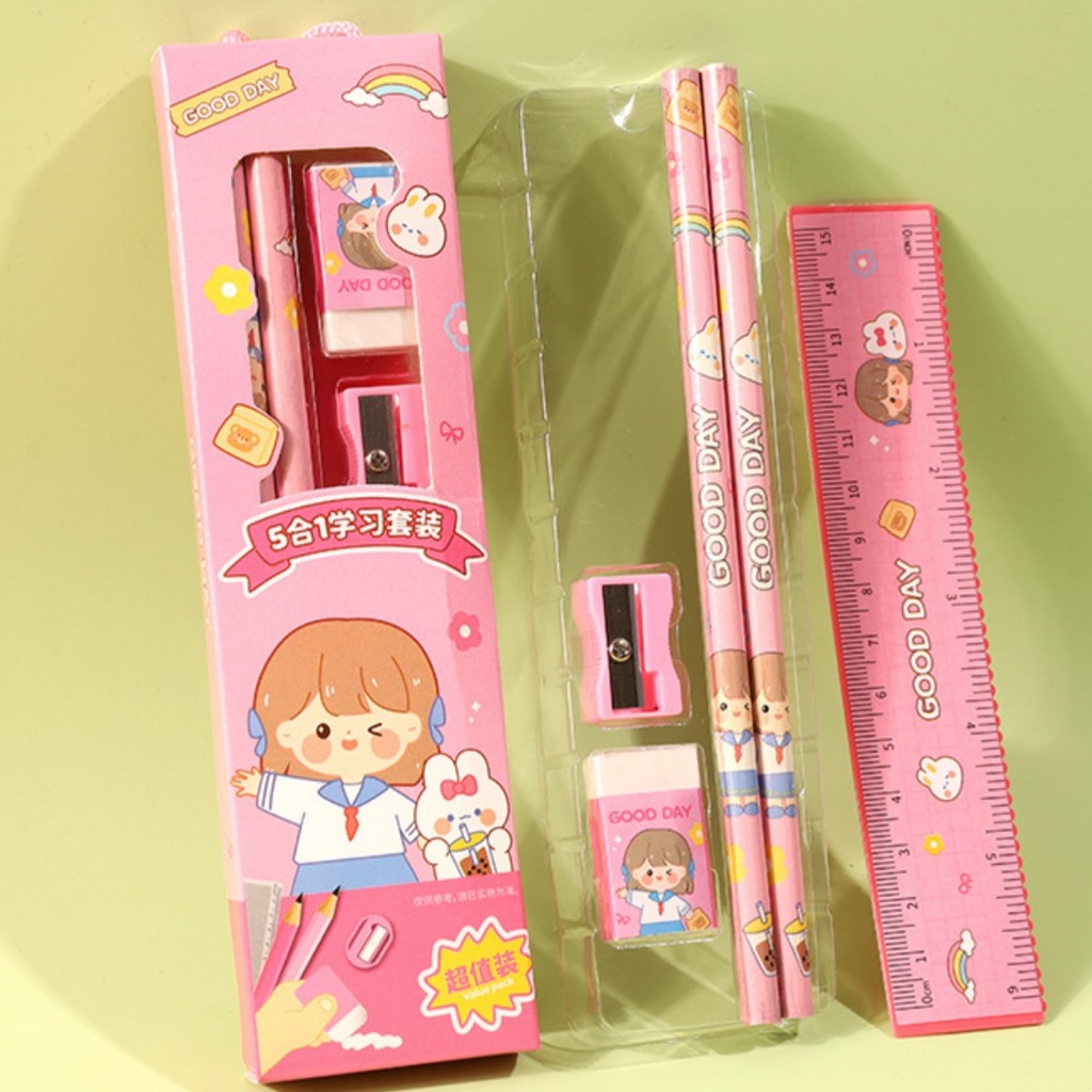 

5Pcs Portable Stationery Set Cartoon Pencil Cute Ruler Children Pencil Sharpener Student Eraser School Supplies Gifts Kids Prize