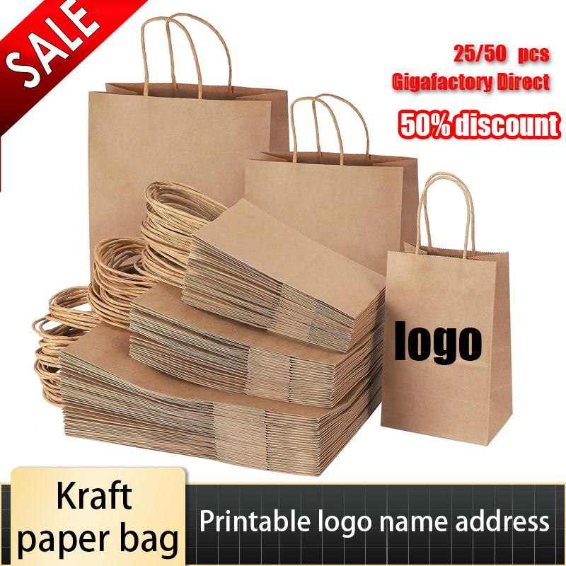

10/25/50 Pcs Kraft Paper Gift Bags With Handle For Wedding Birthday Party Favor Bag Shopping bags for small business Grocery