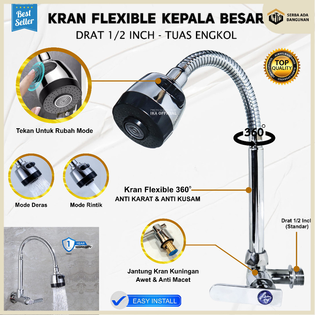 SAB Kran Air Angsa Fleksibel Wastafel Tembok Sink Stainless Kuningan Cuci Piring Minimalis Premium K
