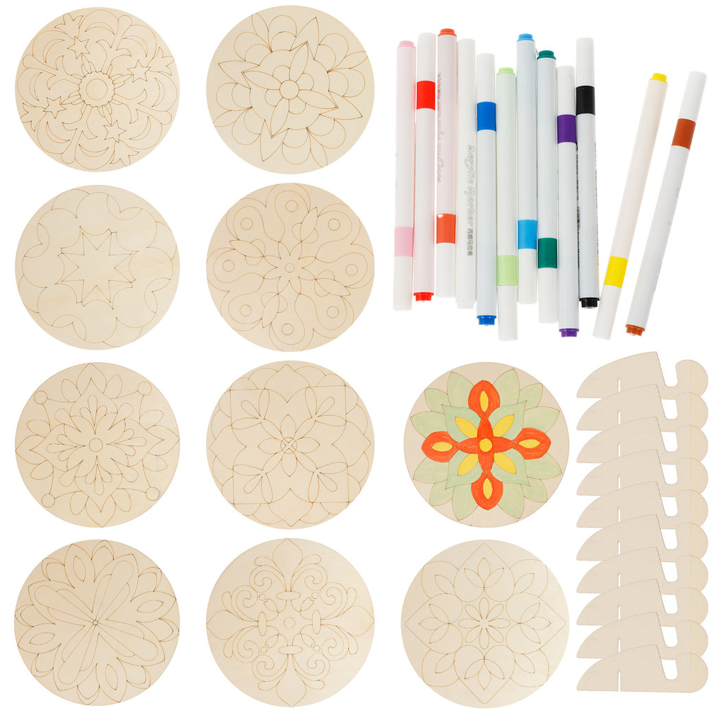 

32 Pieces Unfinished Wood Slices Set Mandala Dot Painting Tool DIY Wood Slices Embossing Starter Crafts Art Painting Kit