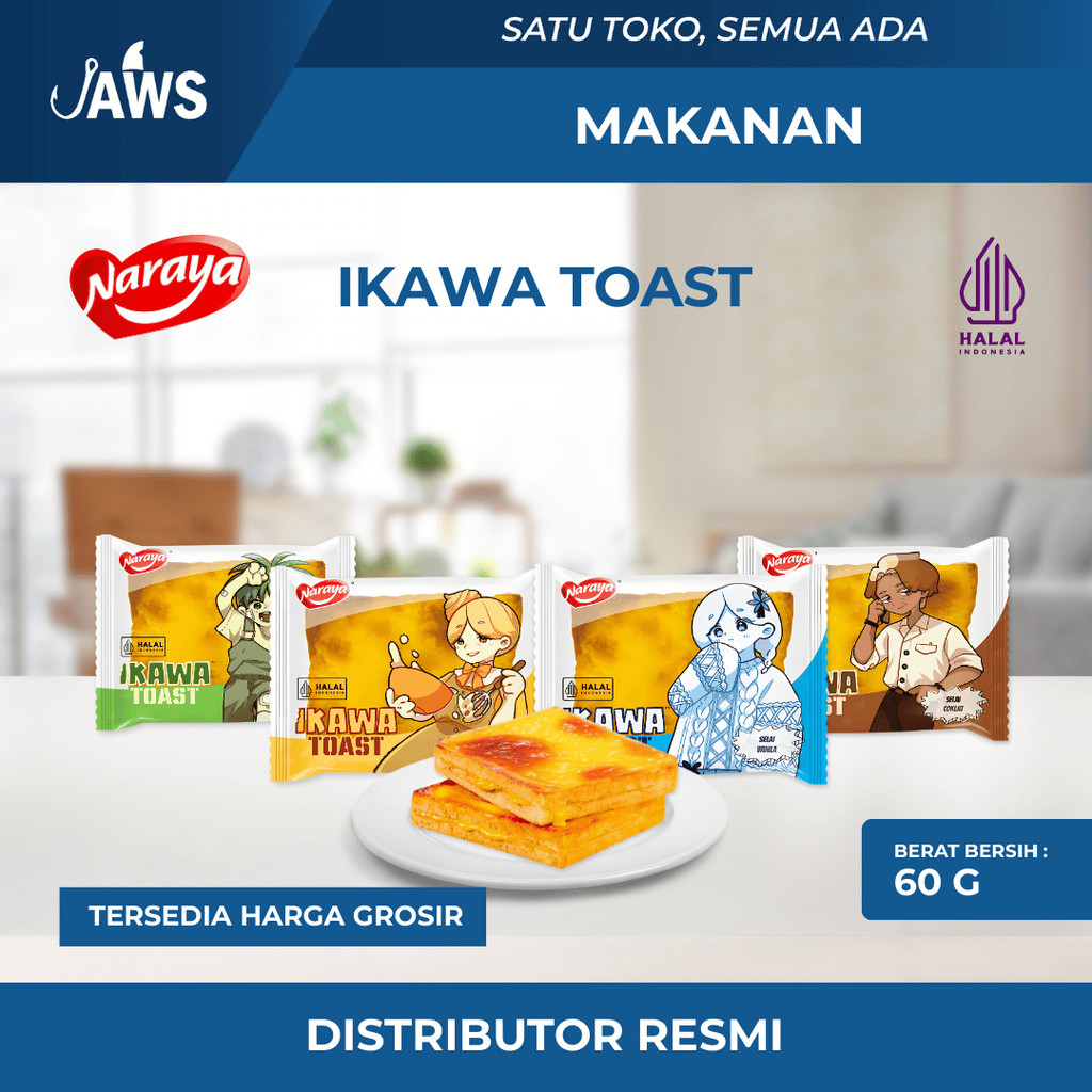 

NARAYA Ikawa Toast 60gr Roti Panggang Cemilan Selai Coklat / Cream Cheese / Srikaya Pandan / Vanila
