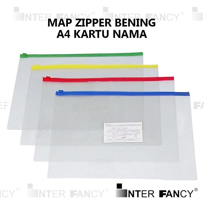 

Map Dokumen Nota Plastik Zipper Bening. Ukuran A4. Berfungsi untuk menyimpan dokumen atau benda lainnya. Bahan Plastik tidak kaku.. Terdiri dari 4 warna. Bagian depan dapat disisipkan kartu nama.