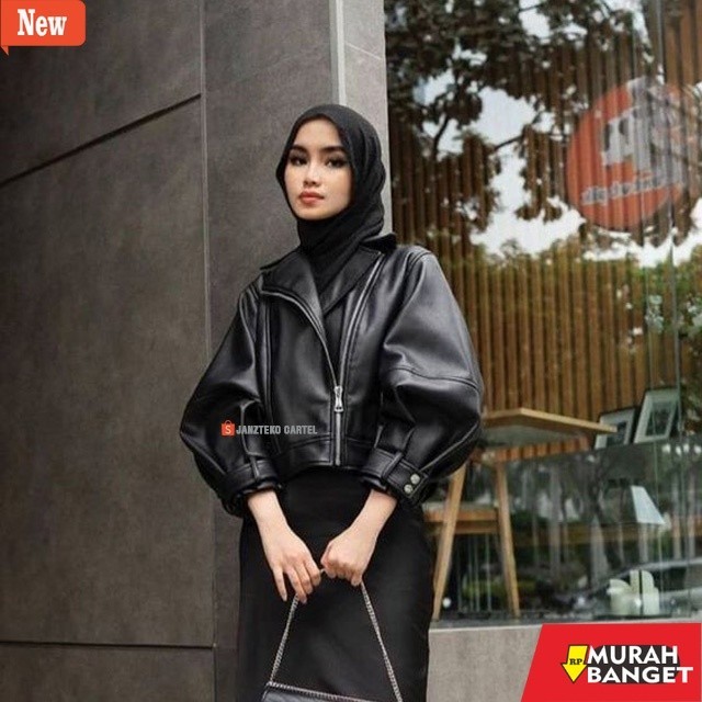 jaket kulit wanita hijab JNK x SALWA - Jaket Wanita Single Breasted Punk Pendek Women Crop Top Longg